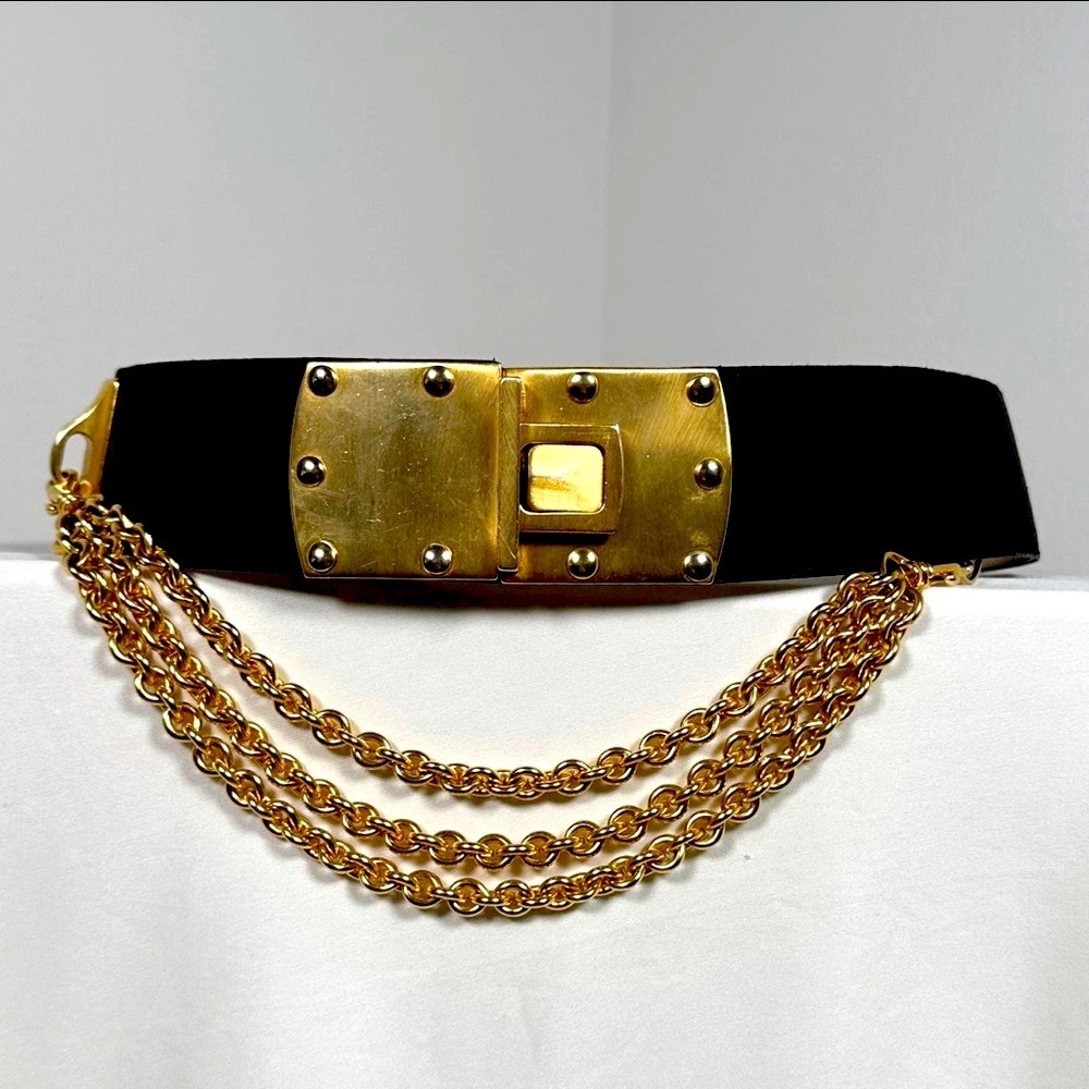 Rare Donna Karan Vintage Gold Chain Leather belt from 1980s DKNY retro feminine - Picture 8 of 16